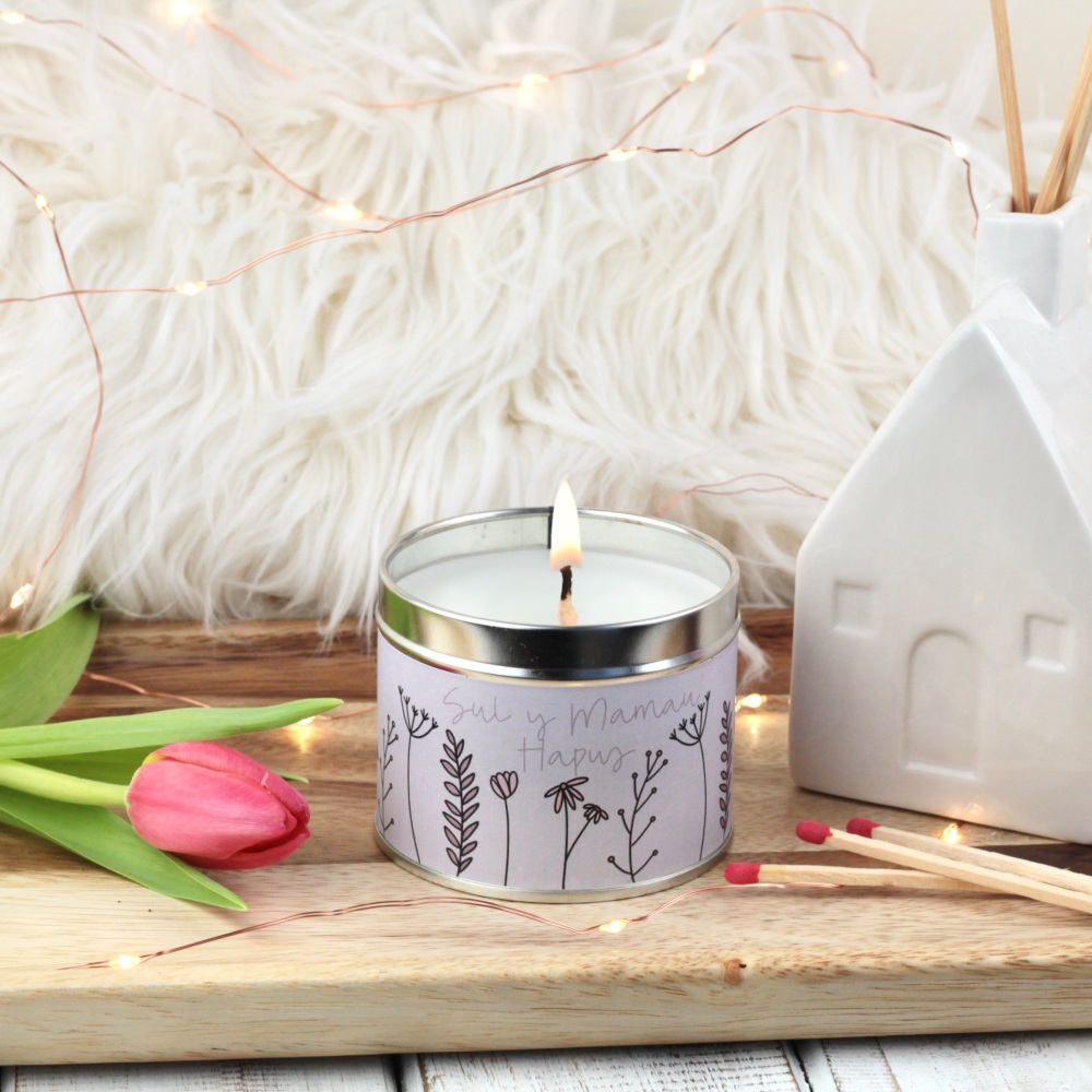Cannwyll Sul y Mamau Hapus Blodeuog | Welsh Happy Mother's Day Colour Doodle Flowers Tin Candle