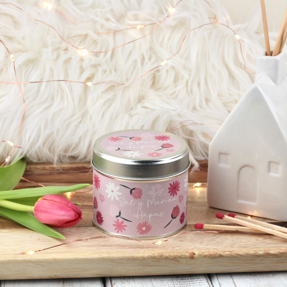 Cannwyll Sul y Mamau Darluniad Blodeuog | Sul y Mamau Bold Flower Tin Candle