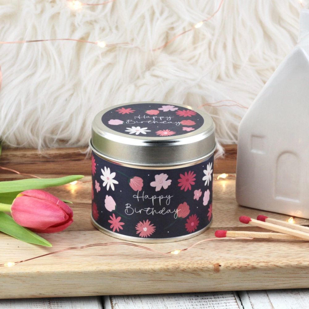 Happy Birthday Tin Candle | Bold Flowers Design