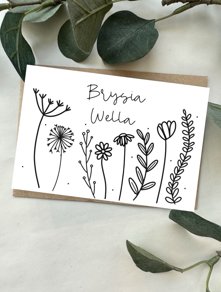Cerdyn Brysia Wella Blodau Bach | Welsh Get Well Soon Doodle Flowers Card