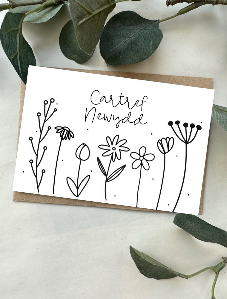 Cerdyn Carter Newydd Blodau Bach | Welsh New Home Doodle Flowers Card