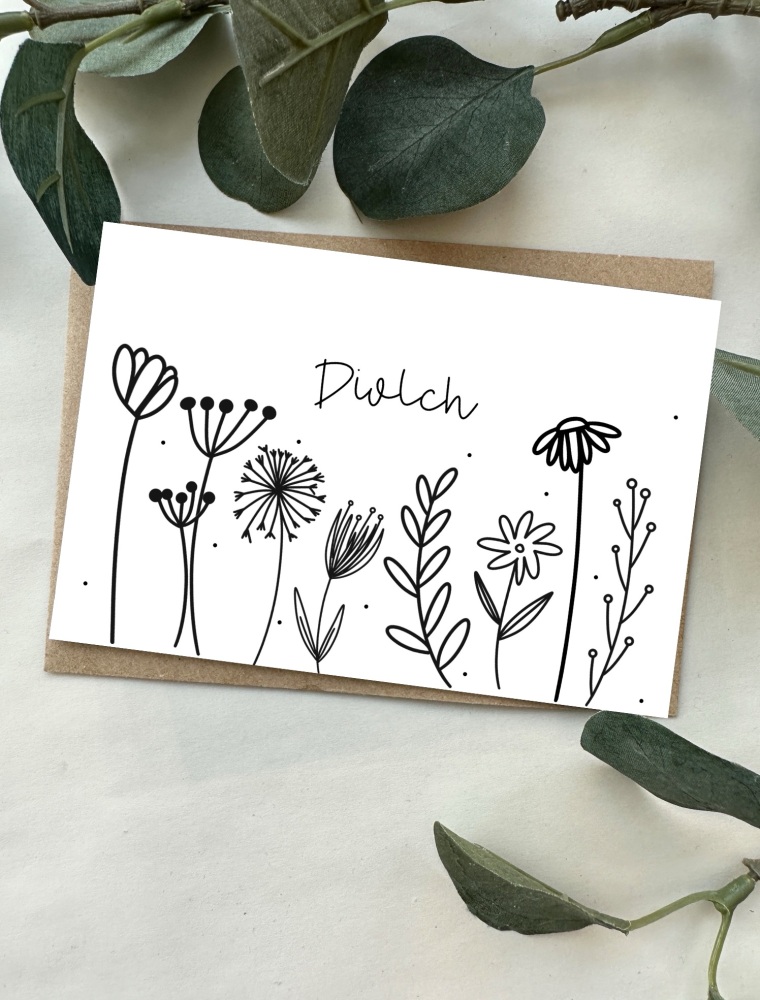 Cerdyn Diolch Blodau Bach | Welsh Thank you Doodle Flowers Card