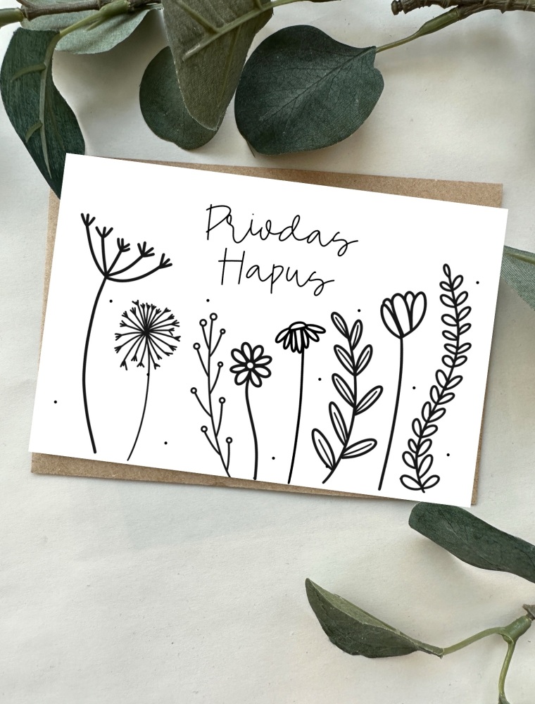 Cerdyn Priodas Hapus Blodau Bach | Welsh Happy Wedding Doodle Flowers Card