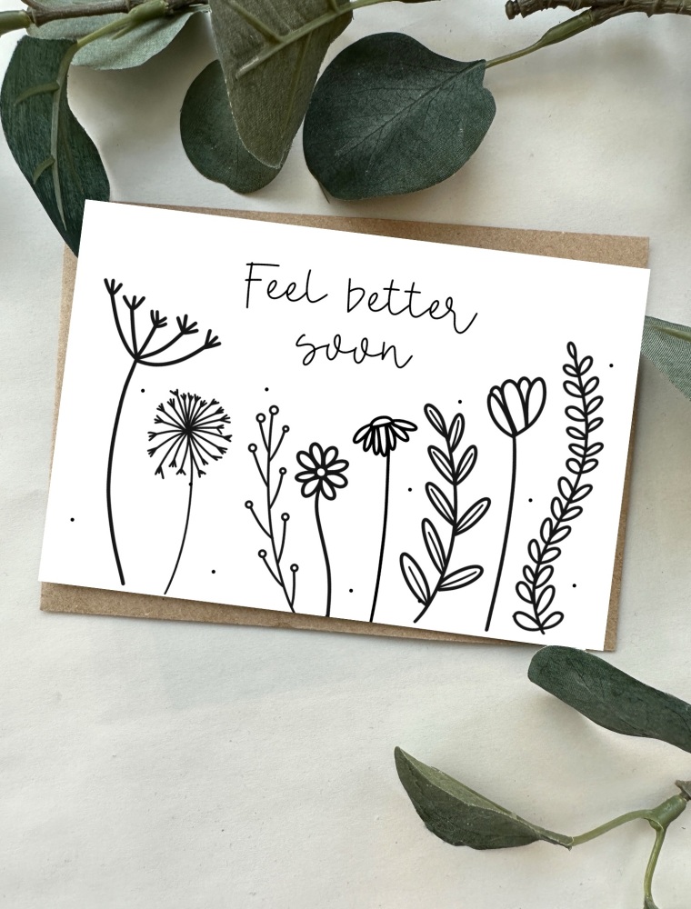 Feel Better Soon Doodle Flowers Small Card
