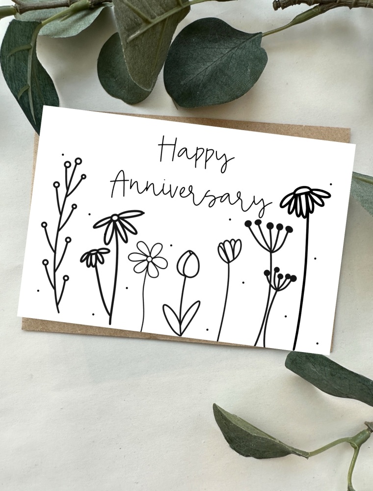 Happy Anniversary Doodle Flowers Small Card