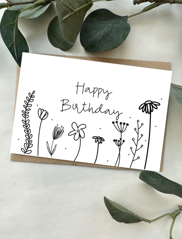 Happy Birthday Doodle Flowers Small Card