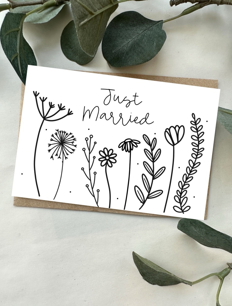Just Married Doodle Flowers Small Card