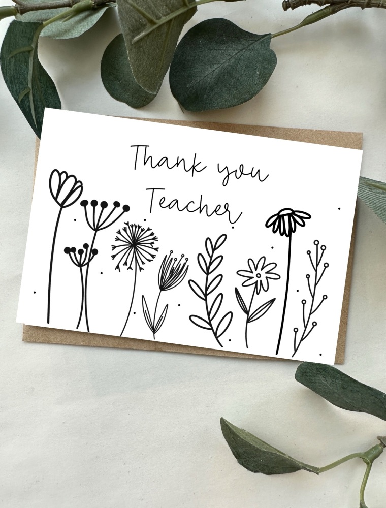 Thank You Teacher Doodle Flowers Small Card