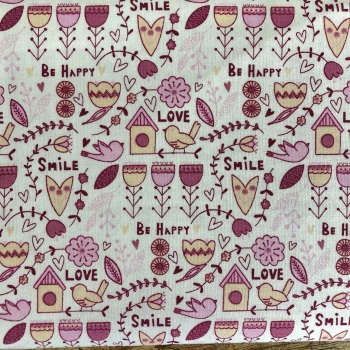 Fabric Freedom Scandi Flora Collection Main Pink - Love, Smile, Be Happy