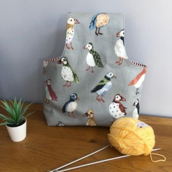 Over the arm knitting/crochet bag - Puffins