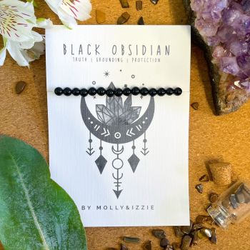 Elasticated Crystal Bead Bracelet - Black Obsidian  Pack of 5