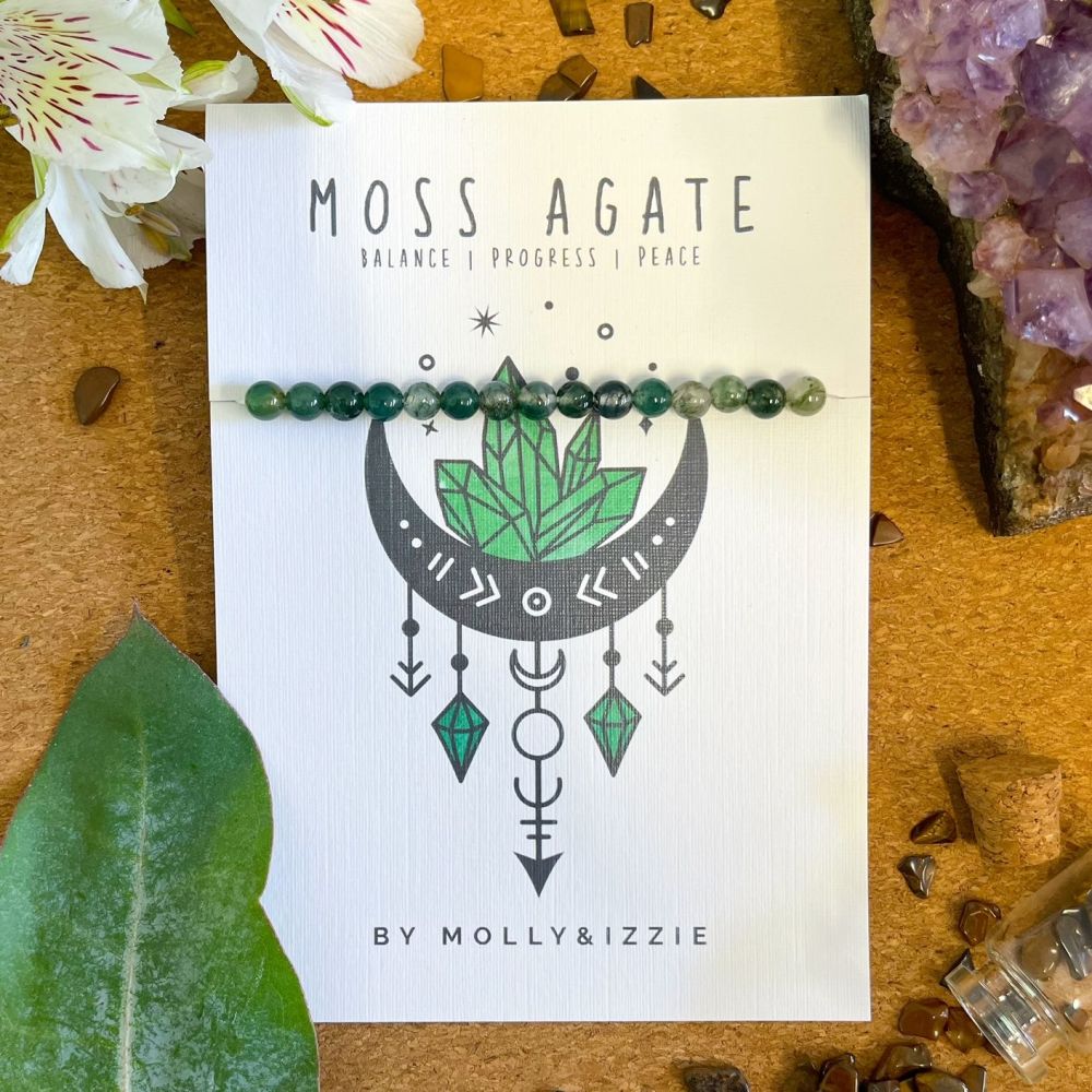 Elasticated Crystal Bead Bracelet - Moss Agate  Pack of 5