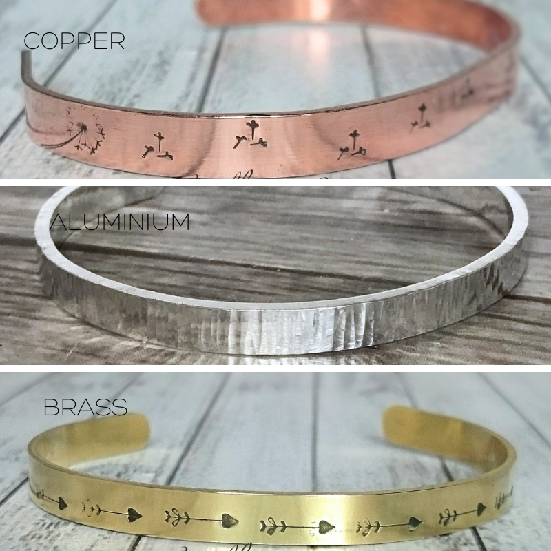 Copper, aluminium and brass cuff bracelets with handstamped designs
