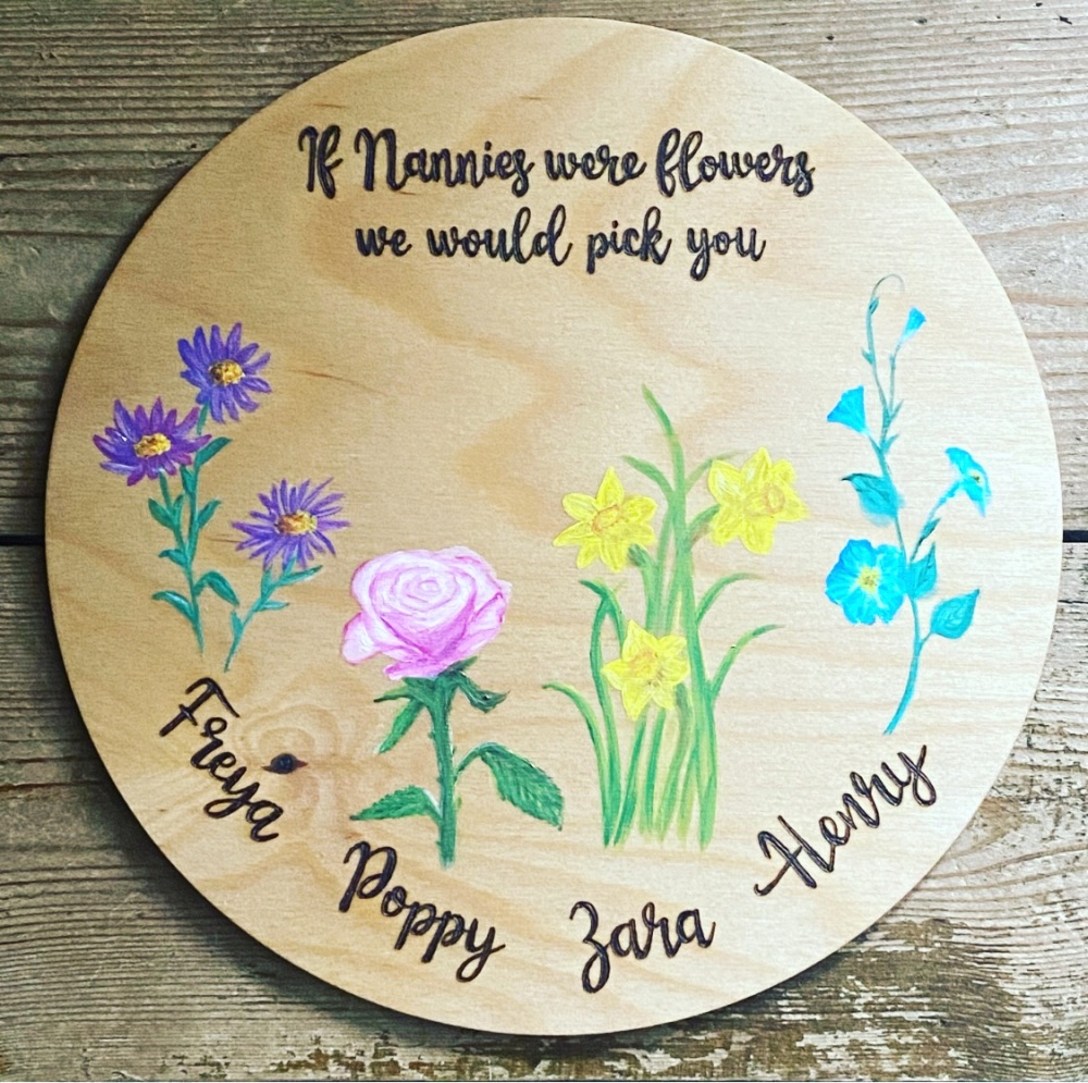 If Nannies were Flowers... Personalised Family Birth Flower Wall Plaque (Round) 