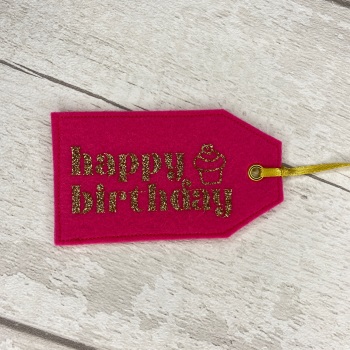 Bright Pink & Gold 'Happy Birthday' Felt Reusable Gift Tag