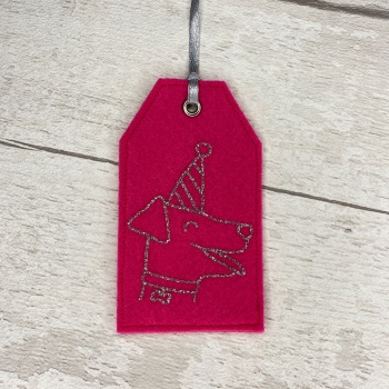 Bright Pink & Silver Party Dog Felt Reusable Gift Tag