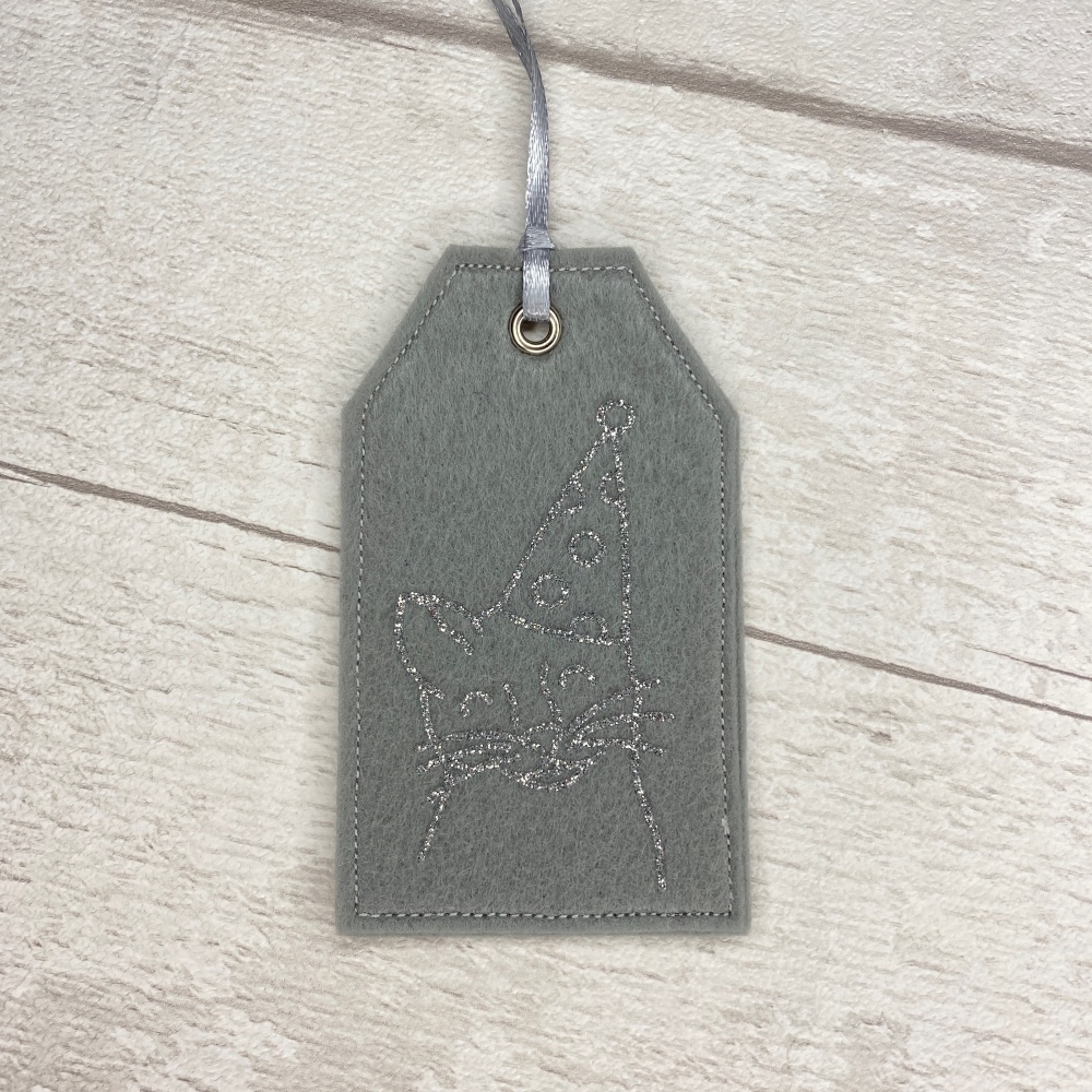 Grey & Silver Party Cat Felt Reusable Gift Tag