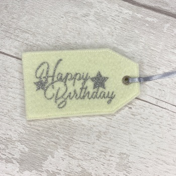 Ivory/Cream & Silver Star 'Happy Birthday' Felt Reusable Gift Tag