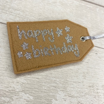 Kraft Brown & Silver 'Happy Birthday' Felt Reusable Gift Tag