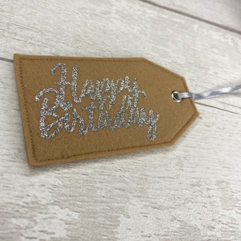 Kraft Brown & Silver 'Happy Birthday' Felt Reusable Gift Tag