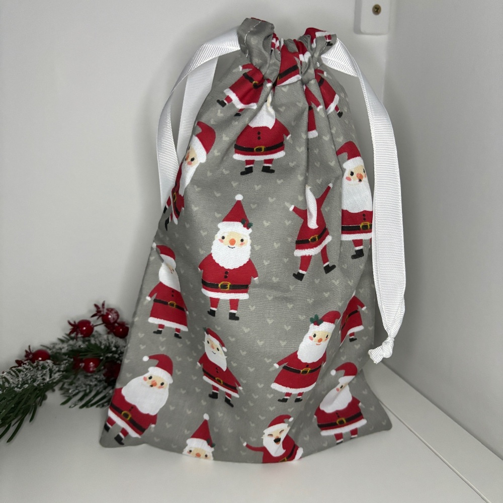 Grey Santas Drawstring Reusable Gift Bag