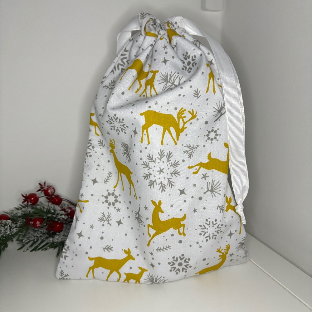 White Reindeer Drawstring Reusable Gift Bag