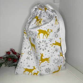 White Reindeer Drawstring Reusable Gift Bag - MEDIUM