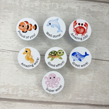 35 Pack - 33mm Sea Animal Teacher Stickers - 7 Designs 6 of Each
