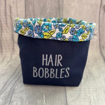 Navy Blue & Floral Lined ‘Hair Bobbles’ Fabric Basket