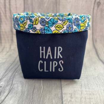 Navy Blue & Floral Lined ‘Hair Clips’ Fabric Basket