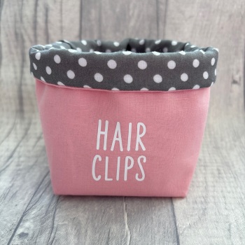 Pale Pink & Grey Spots ‘Hair Clips’ Fabric Basket
