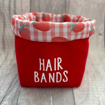 Red & Strawberry Lined ‘Hair Bands’ Fabric Basket