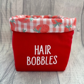 Red & Strawberry Lined ‘Hair Bobbles’ Fabric Basket