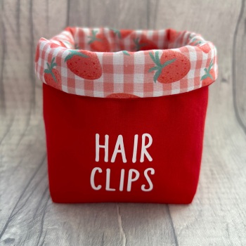 Red & Strawberry Lined ‘Hair Clips’ Fabric Basket