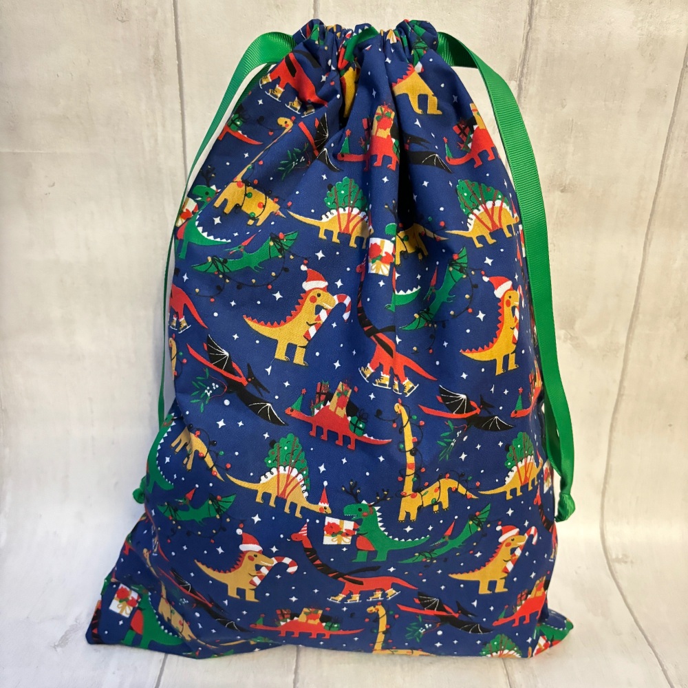 Blue Dinosaur Christmas Drawstring Reusable Gift Bag - LARGE