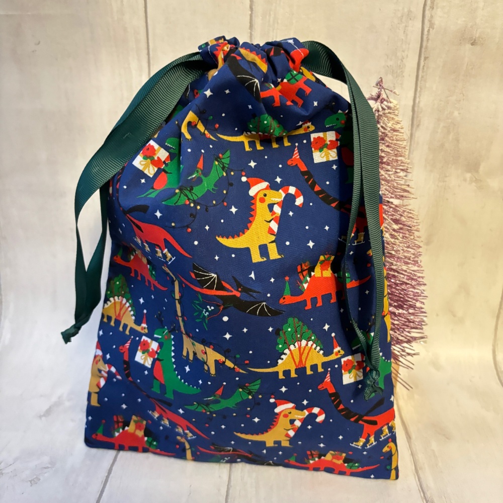 Blue Dinosaur Christmas Drawstring Reusable Gift Bag - MEDIUM