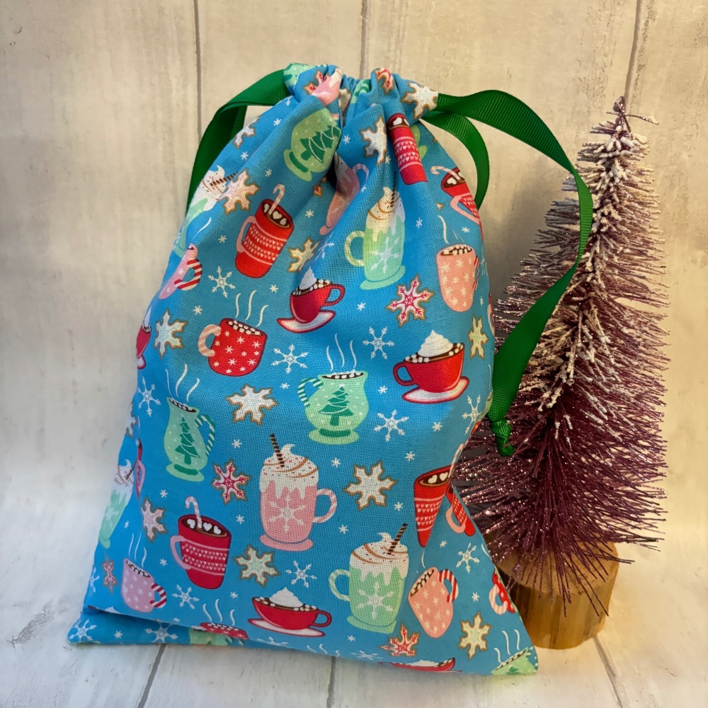 Blue Hot Chocolate Christmas Drawstring Reusable Gift Bag - MEDIUM