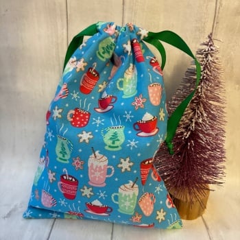 Blue Hot Chocolate Christmas Drawstring Reusable Gift Bag - MEDIUM