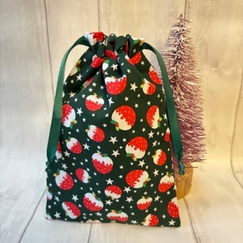 Green Christmas Pudding Christmas Drawstring Reusable Gift Bag - SMALL