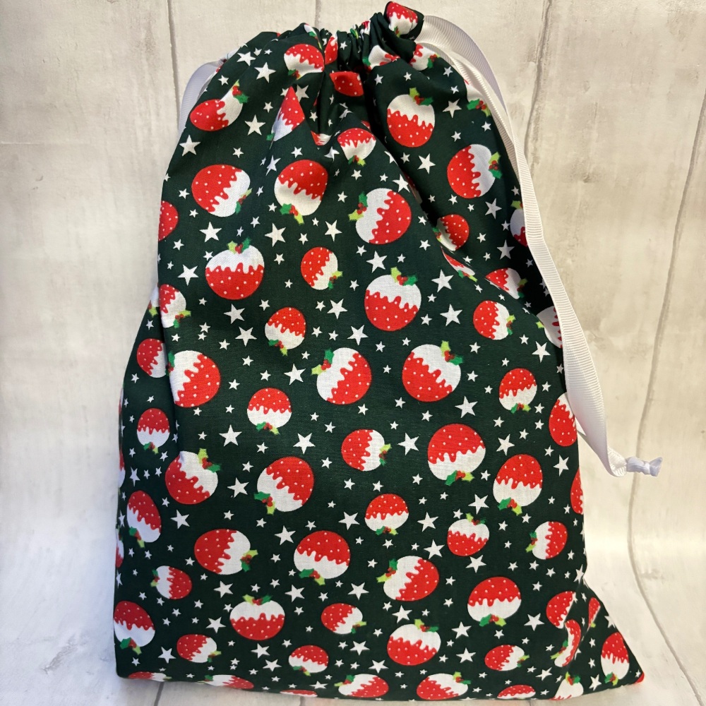 Green Christmas Pudding Drawstring Reusable Gift Bag - LARGE