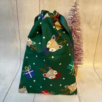 Green Reindeer Christmas Drawstring Reusable Gift Bag - SMALL