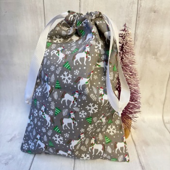 Grey Festive Unicorn Christmas Drawstring Reusable Gift Bag - MEDIUM