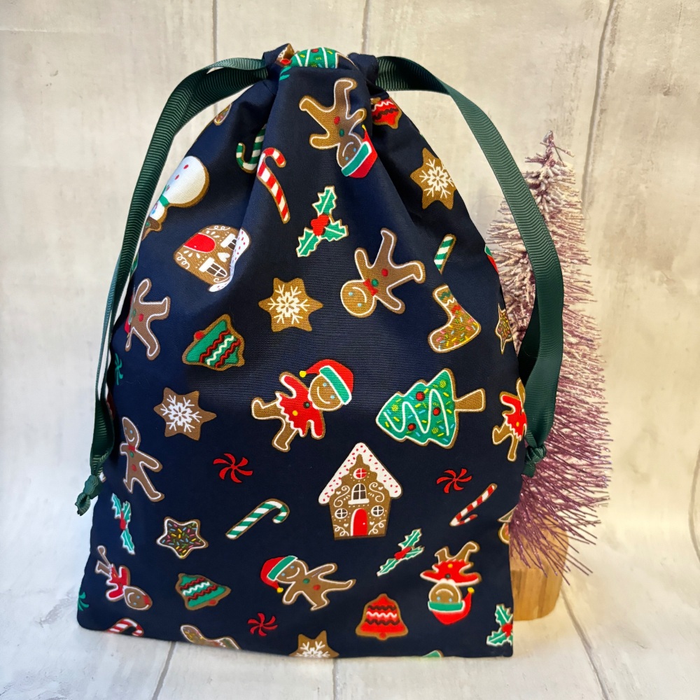 Navy Blue Gingerbread Character Christmas Drawstring Reusable Gift Bag - ME