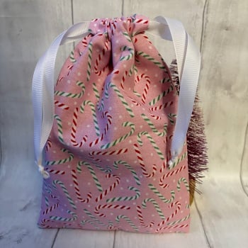 Pink Candy Cane Christmas Drawstring Reusable Gift Bag - MEDIUM