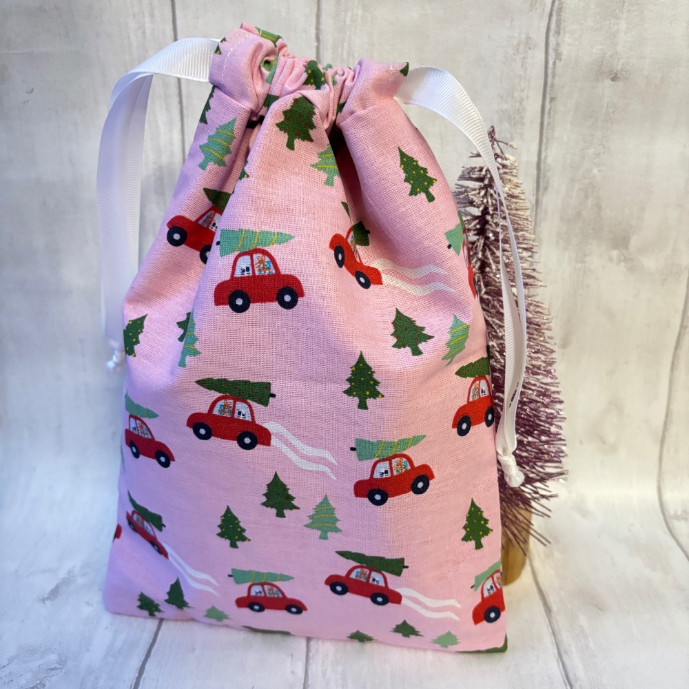 Pink Festive Truck Christmas Drawstring Reusable Gift Bag - MEDIUM