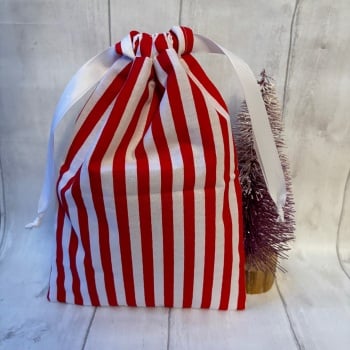 Red & White Stripe Christmas Drawstring Reusable Gift Bag - MEDIUM