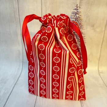 Red Bauble Pattern Christmas Drawstring Reusable Gift Bag - SMALL