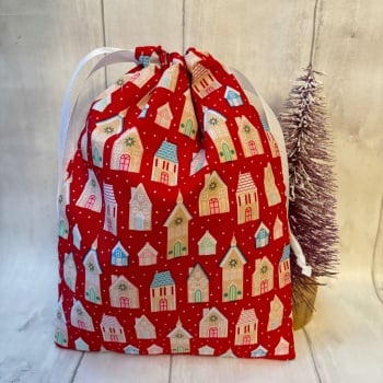 Red Festive House Christmas Drawstring Reusable Gift Bag - MEDIUM