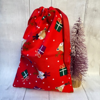 Red Reindeer Christmas Drawstring Reusable Gift Bag - MEDIUM