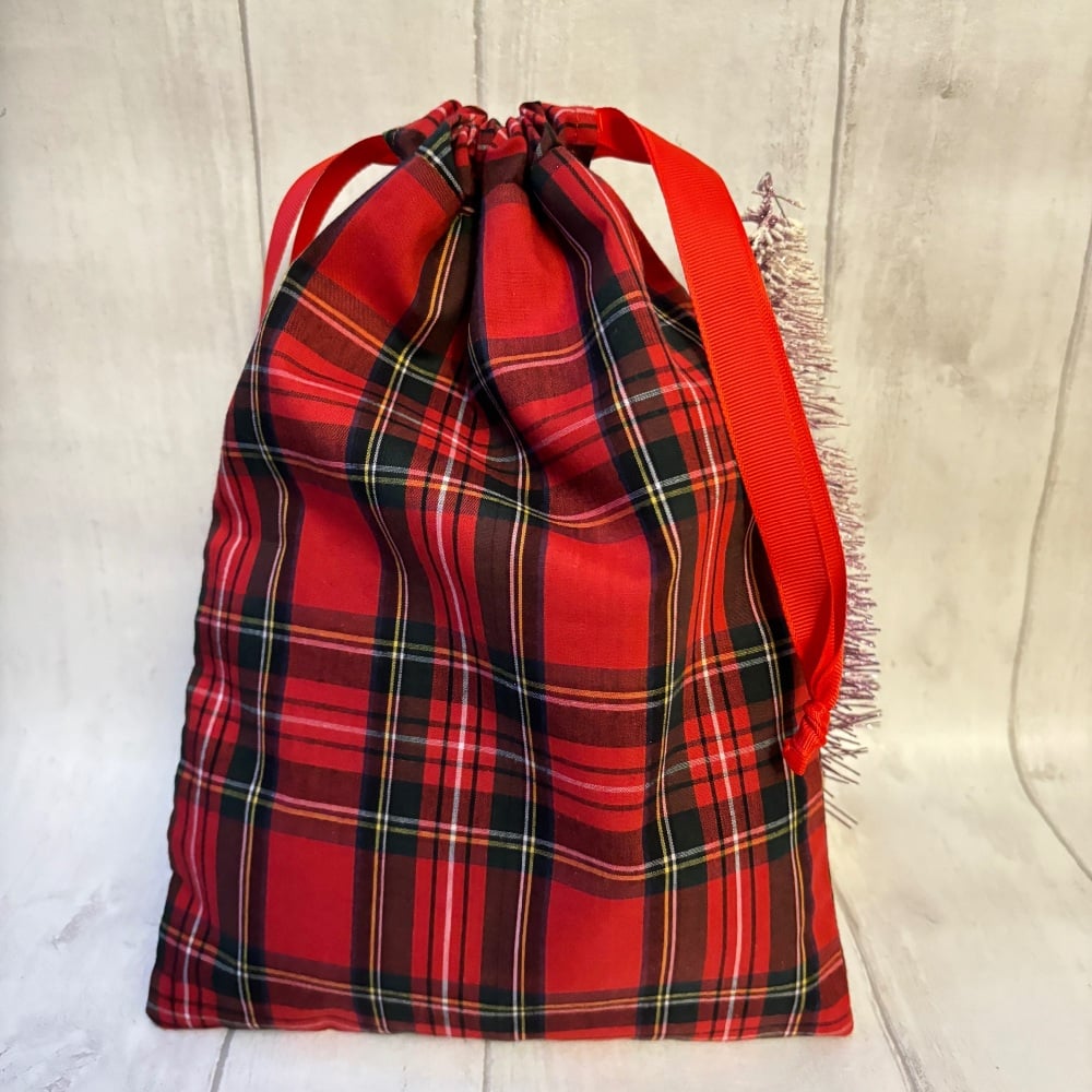 Red Tartan Christmas Drawstring Reusable Gift Bag - MEDIUM